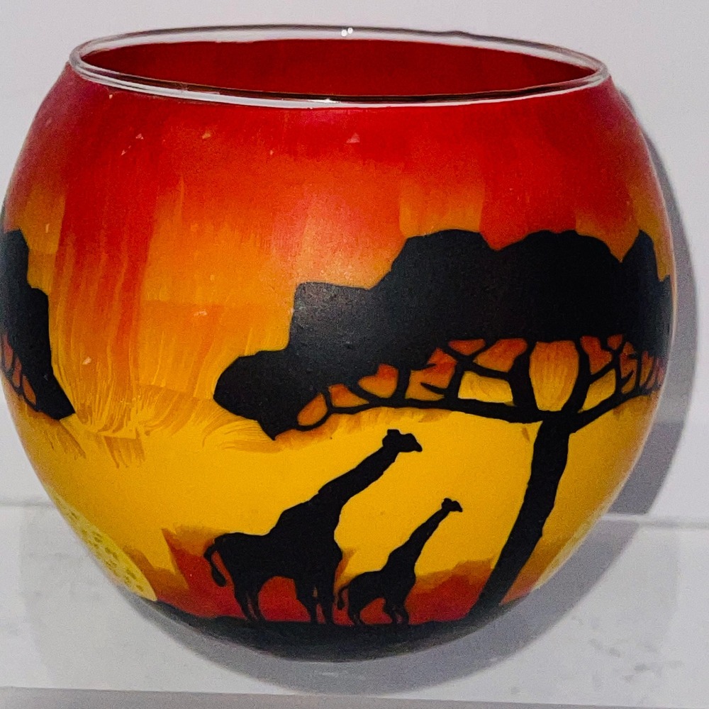 One Stop Curios African Savanna Sunset Giraffe Glass Tea Light Candle Holder